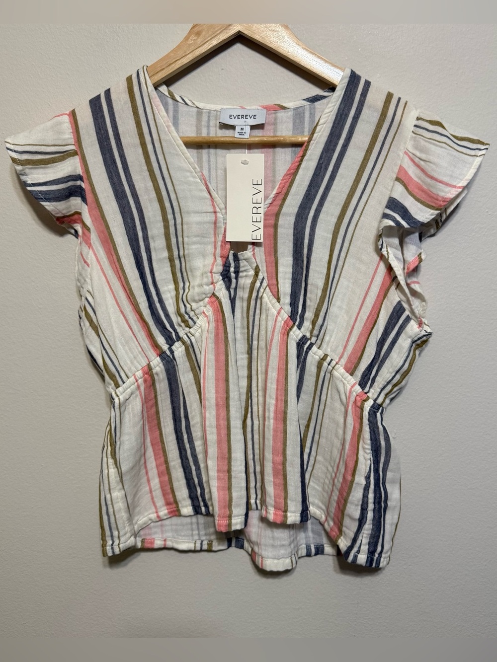 NWT Evereve Calla Gauze Flutter Top Women Medium Short Sleeve Stripe Top Blouse